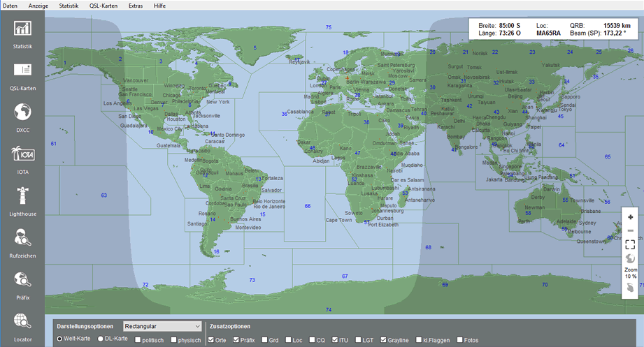 Weltkarte neutral mit Grayline und Locator