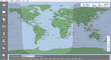 Weltkarte: neutrale Darstellung mit Grayline und Locatornetz